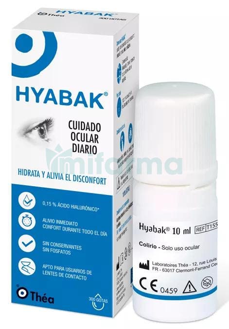 Medifar - Hyabak lubricante ocular son lágrimas artificiales hipotónicas,  humectantes y lubricantes. En caso de sequedad o fatiga ocular,  aplícatelas. Formuladas con ácido hialurónico. Usarlo a lo largo del día en  función